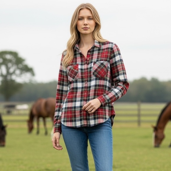 American Eagle Soft Plaid Boyfriend Flannel Shirt Cozy Fall Top Red Navy White M - Picture 3 of 7